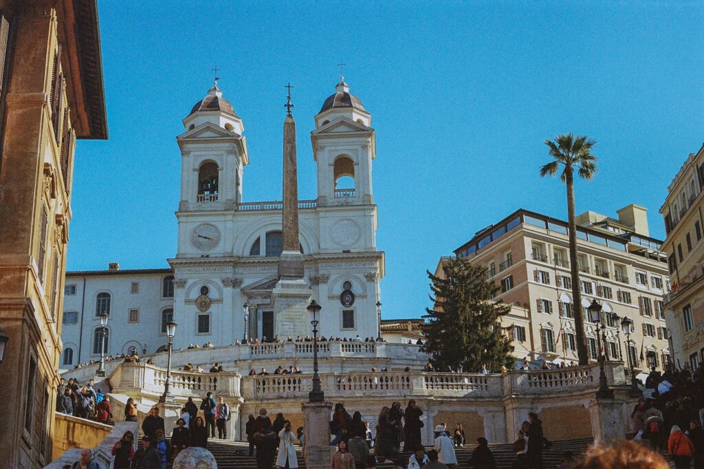 The Trinità dei Monti church, viewed from the bottom of the Spanish Steps in Rome.