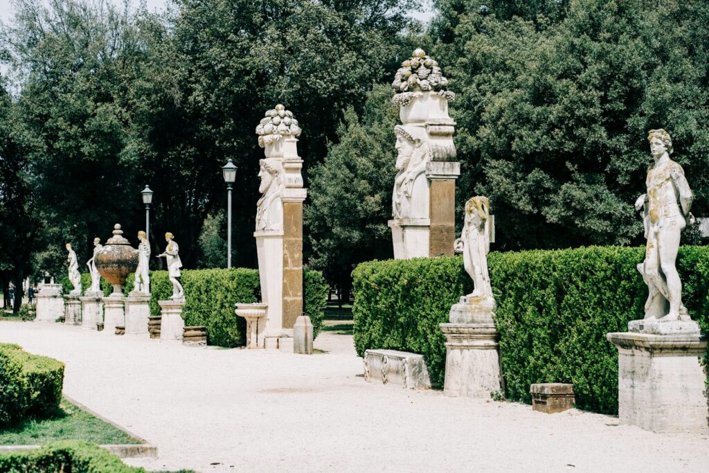 Roman statues in the gardens of the Villa Borghese and Borghese Gallery, Rome.